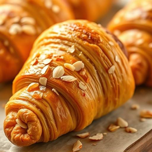 Croissant de almendras recién horneado con almendras laminadas