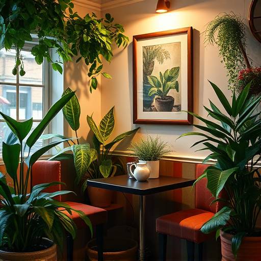 Detalle de la decoración de la cafetería con plantas y cuadros