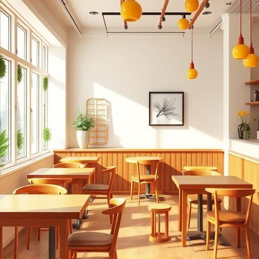 Interior acogedor de la cafetería con mesas y sillas de madera