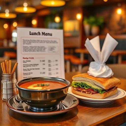Menü de almuerzo con sopa, sándwich y postre
