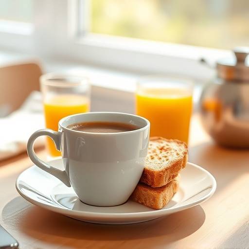 Menü de desayuno con café, tostadas y jugo de naranja