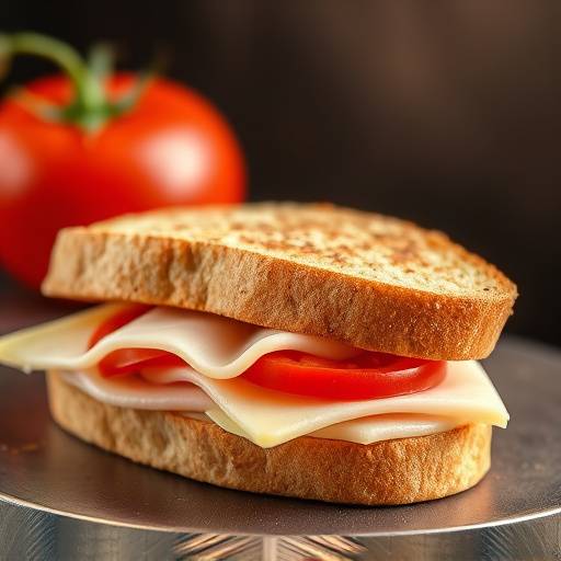Sándwich de jamón y queso con pan rüstico y tomate fresco