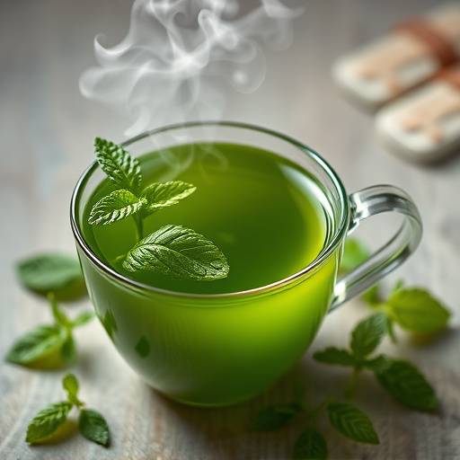 Taza de té verde humeante con hojas de menta fresca