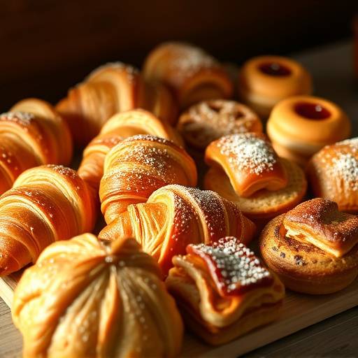 Variedad de pasteles deliciosos: croissants, napolitanas y tartas